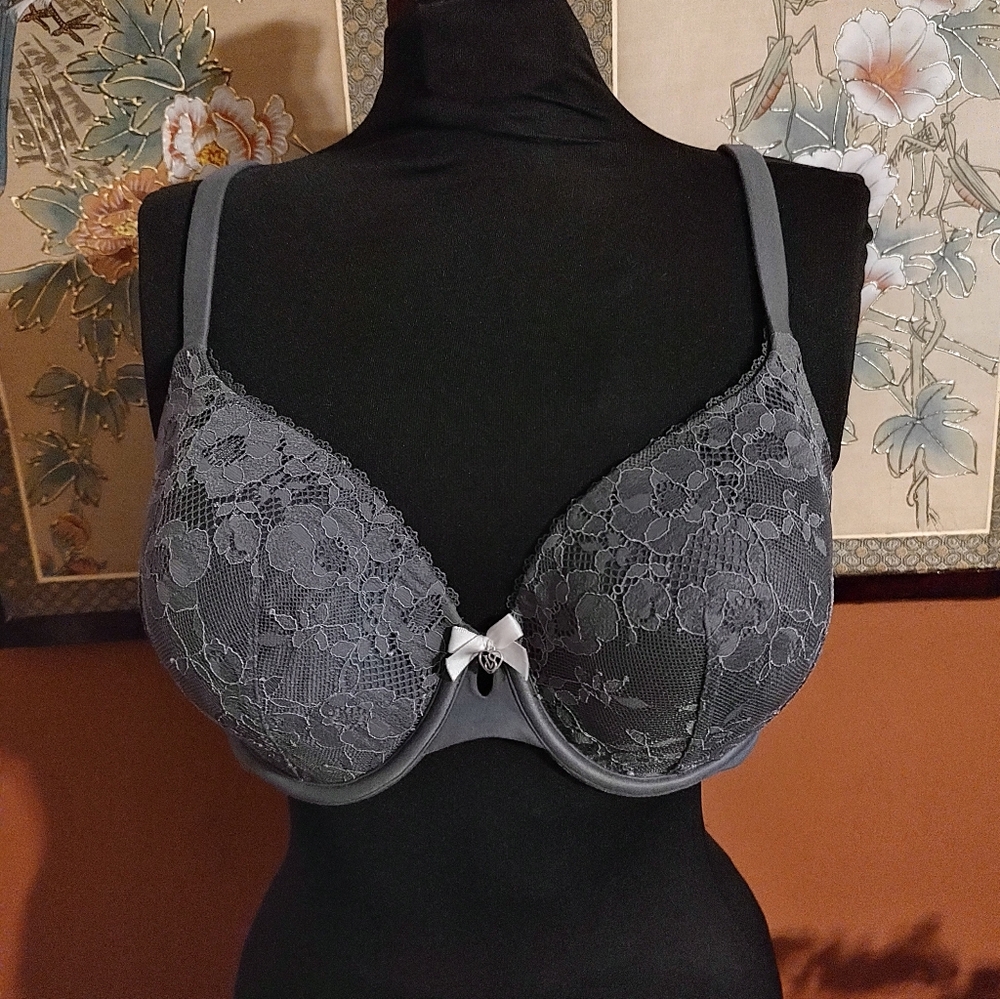 🩶🩷🩶 Lovely VS Vintage Charcoal Grey Lace & Pink Underwire Bra - 36D